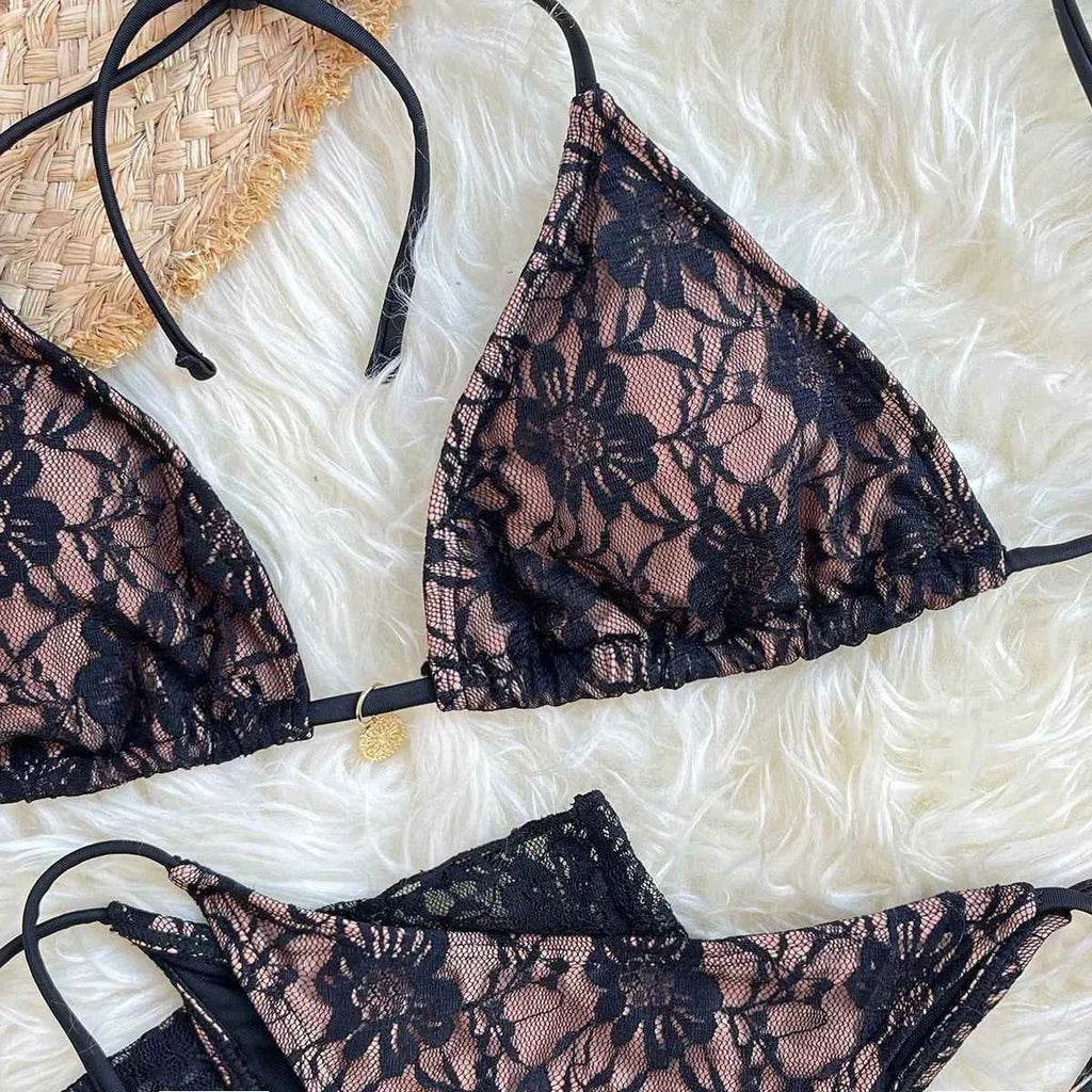 Lace Fabric Three-pieces Swimsuit Set With Sarong Bikini Inspired Women's Swimwear Beachwear Bathing Suit Vacay Outfit Biquini