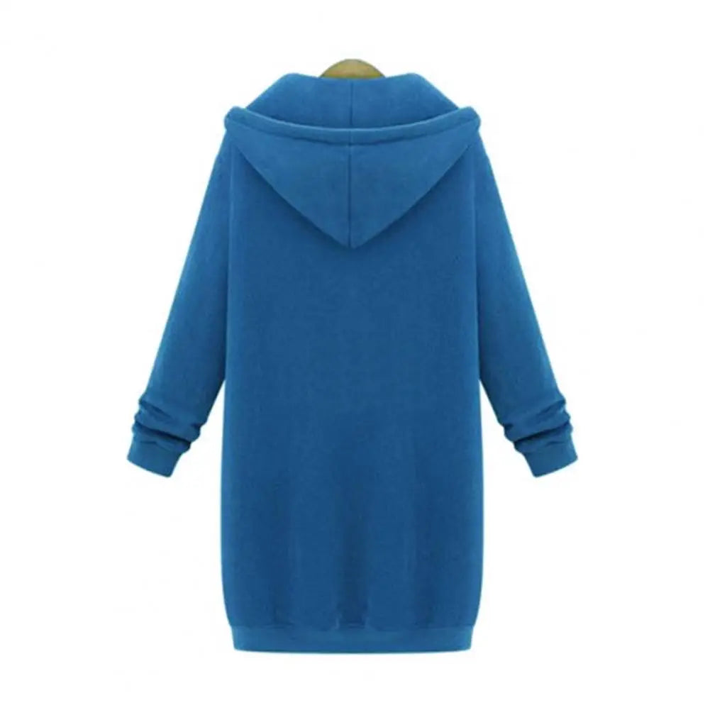 Plush Hooded Drawstring Women Jacket Thick Long Sleeves Zip Up Knee Length Autumn Coat Hooded Long Loose Winter Sweatshirt
