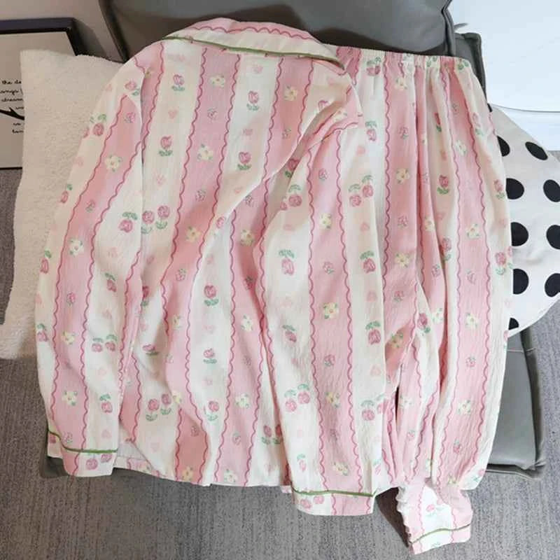 Print Flower Soft Thin Women's Pajama Set Autumn New Casual 2 Pieces Pajama Set Full Length Sleepwear for Sleeping Home Suits