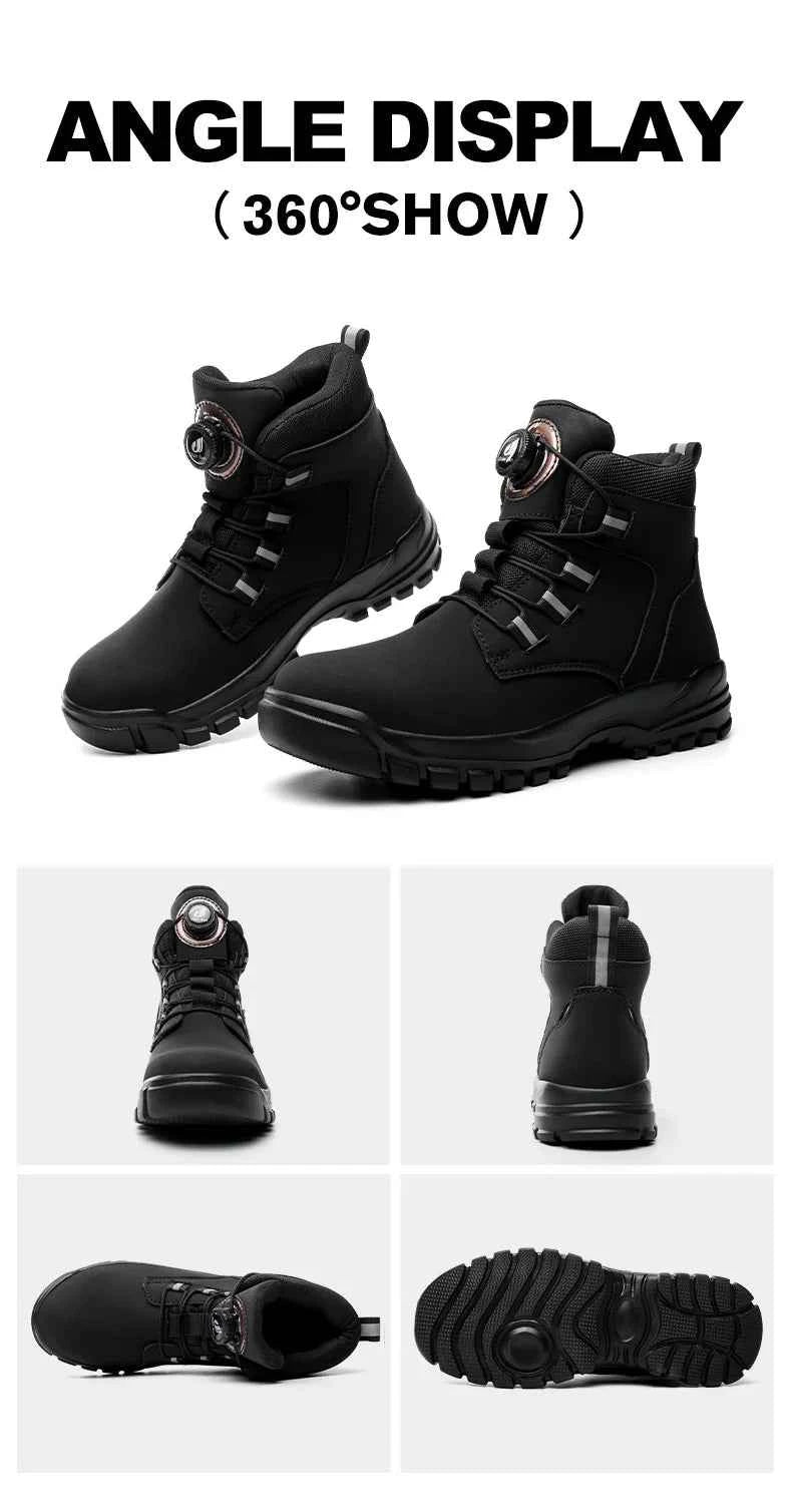 Leather Non Slip Work Boots for Men Rotating Button Safety Shoes Steel Toe Sneaker Male Puncture Proof Protective Boots