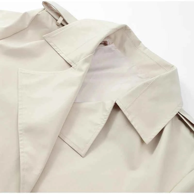 Cropped Lace-up Blue Casual Trench Coat Women Lapel Long Sleeve Wide Shoulder Windbreaker Jacket Fall Commute Daily Streetwear