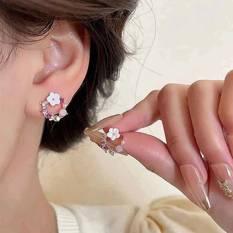 Colorful Flower Earrings Imitation Pearl Geometric Stud Earrings For Women Sweet Elegant Earrings For Party Banquet Jewelry Gift