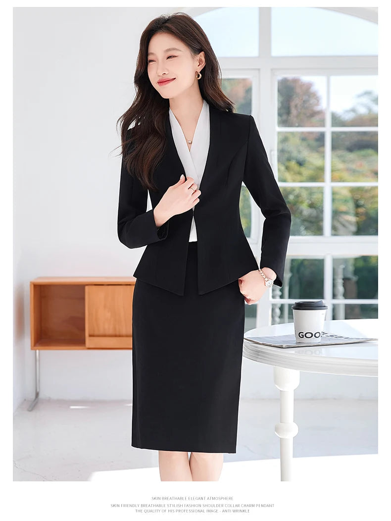 AIyssa Fashionable classic long-sleeved suit set, office business women's clothing, high-quality two-piece suit jacket + skirt.