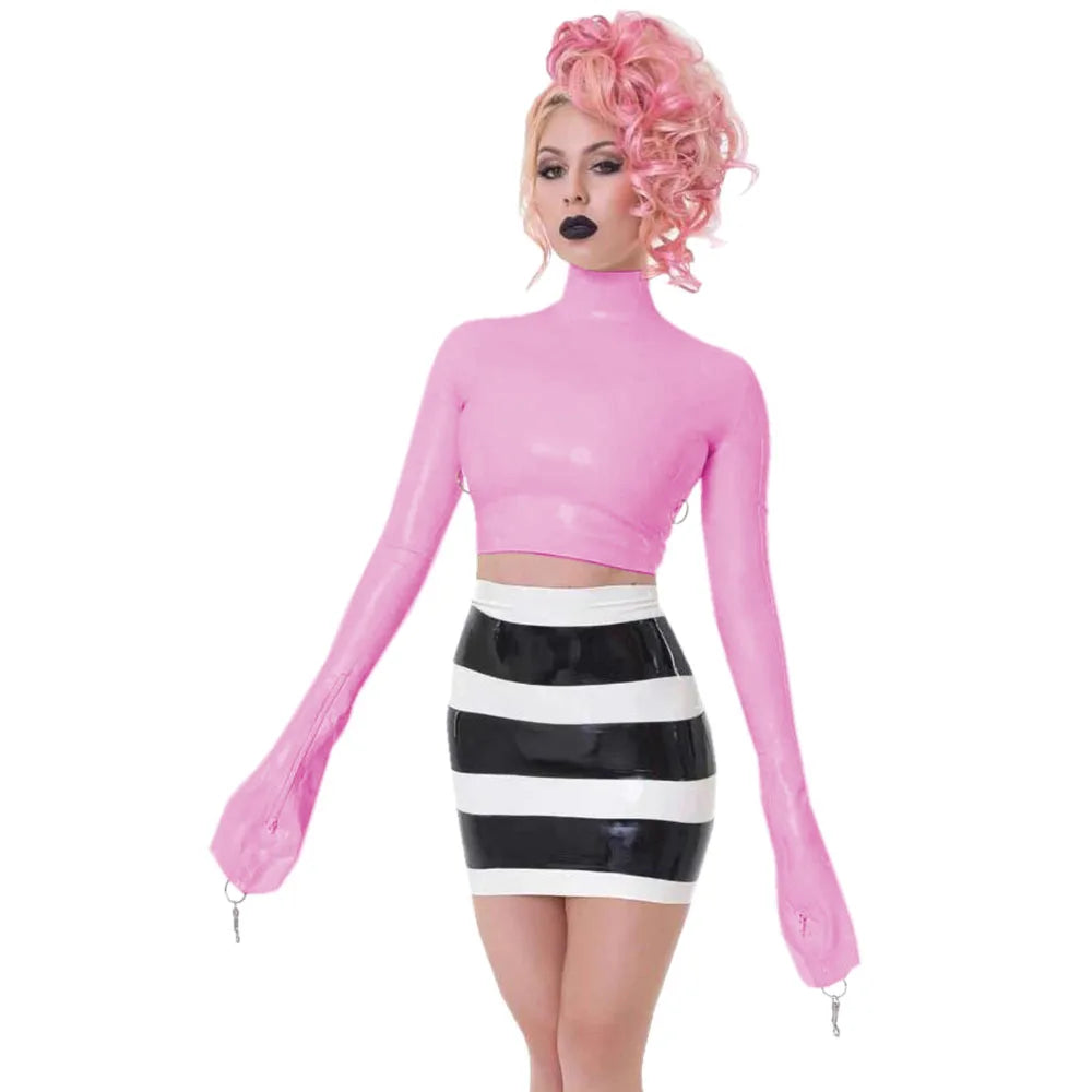 Sexy Crop Tops with Finger High Neck, Slim Skinny Leather, PVC Short Shirts, Vinyl Sexy Top with Lock Key, Club Night