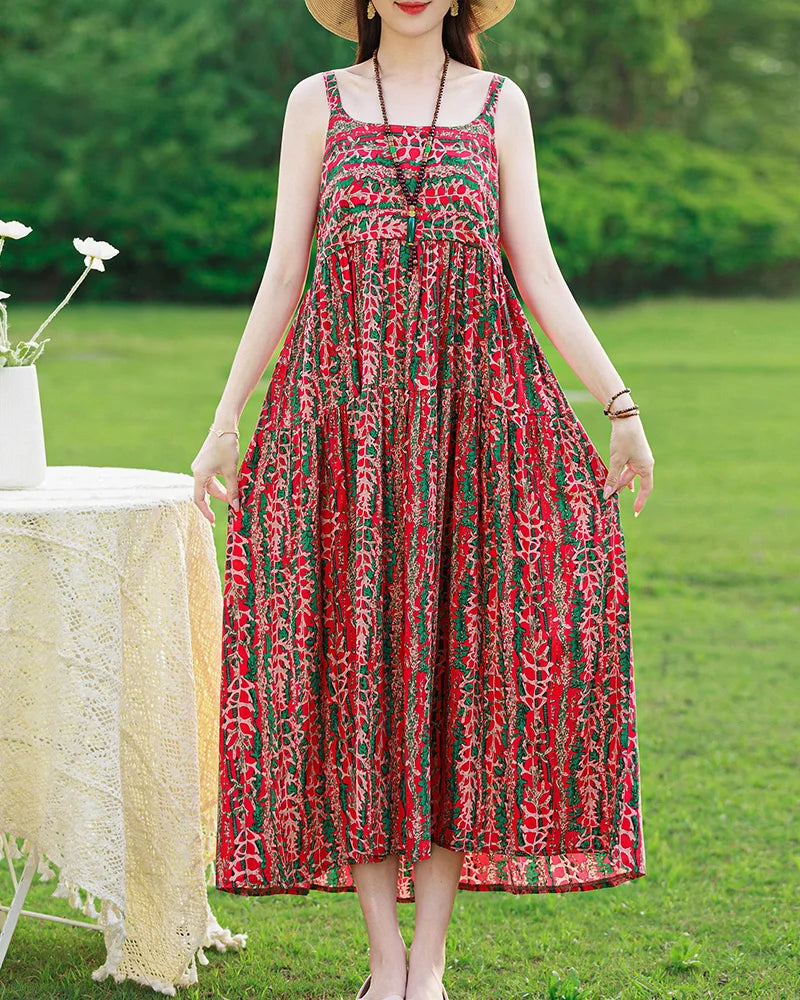 New Fashion Casual 2025 Summer Elegant Dresses For Women O-Neck Print Vintage Sleeveless Dress Loose Women Clothing