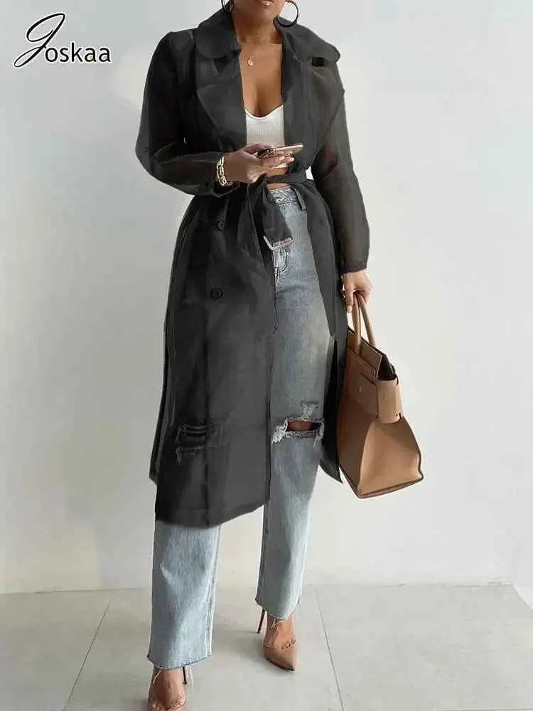 Joskaa Solid Organza See Through Lapel Full Sleeve Trench 2023 Summer Women Fashion Buttoned Coat with Belt Elegant Shirts
