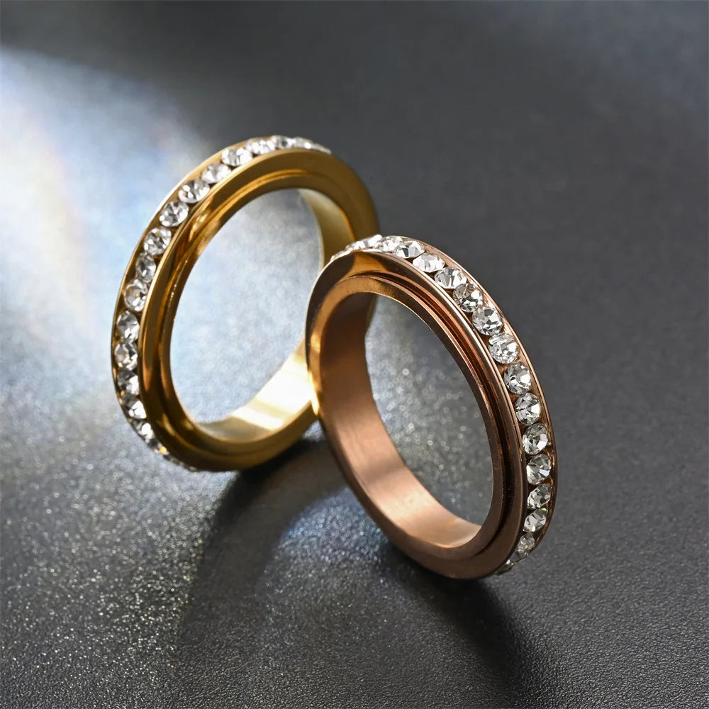 4MM Spinner Finger Rings For Women Crystal Rotatable Wedding Stainless Steel Ring Men Korean Anniversary Party Jewelry