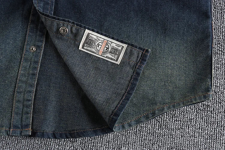 Summer New American Retro Short Sleeve Lapel Denim Cargo Shirt Men's Fashion Pure Cotton Washed Old Multi-pocket Casual Blouses