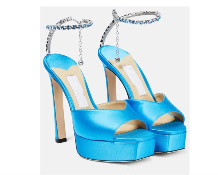 Colorful Chain Water Diamond Sandals Brand Walk Show Fish Mouth Evening Dress Elegant High Heels 2023 New Pendant Women's Shoes