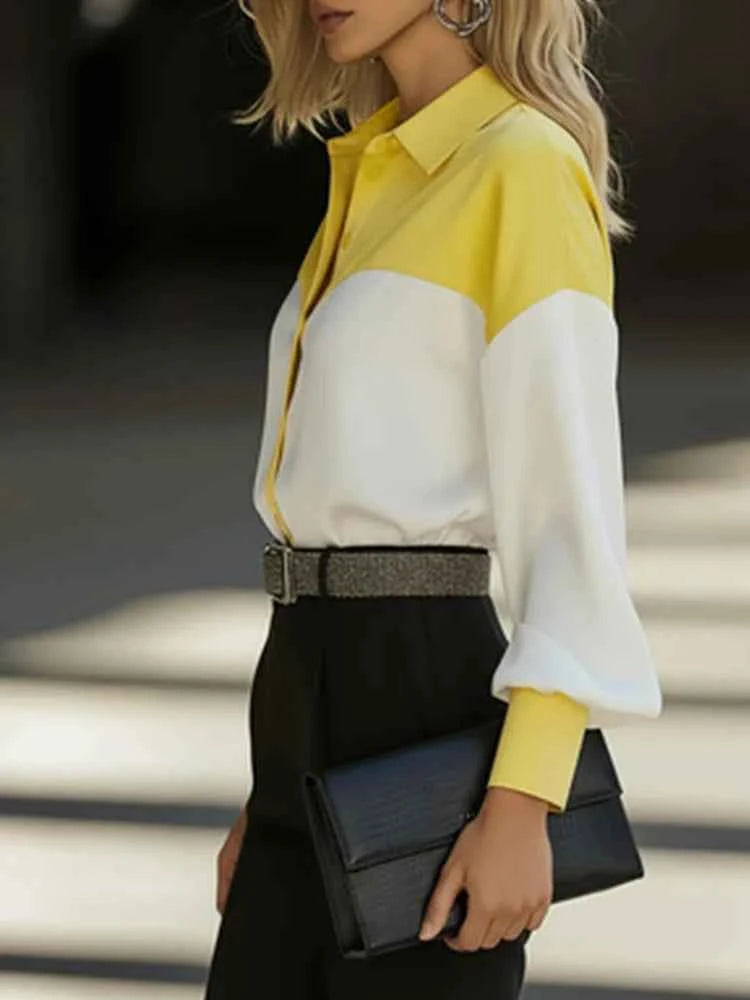 Women Shirt Blouse Long Sleeve Turn Down Collar Button Color Block Patchwork Casual Female Office Tops Trendy Work Shirt