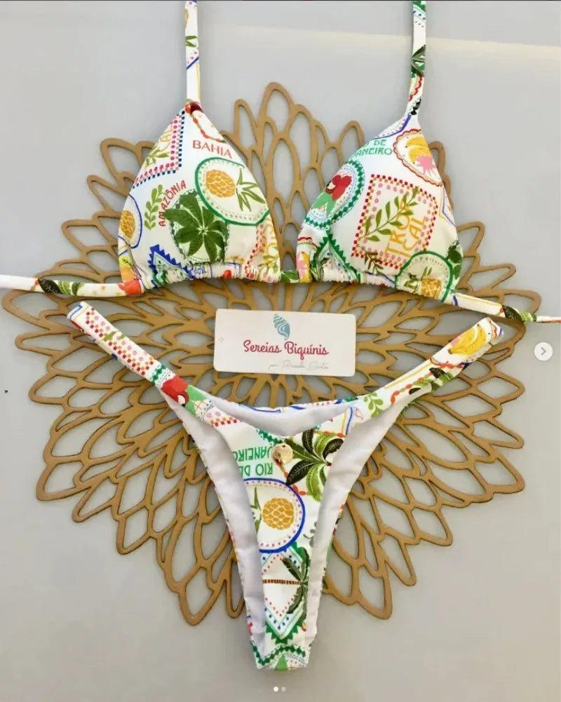 Print Sexy Bikini Sets Halter Lace-up Tops Thongs Beach Style Bathing Suit Y2k Swimsuits Women Beachwear Купальник Женский