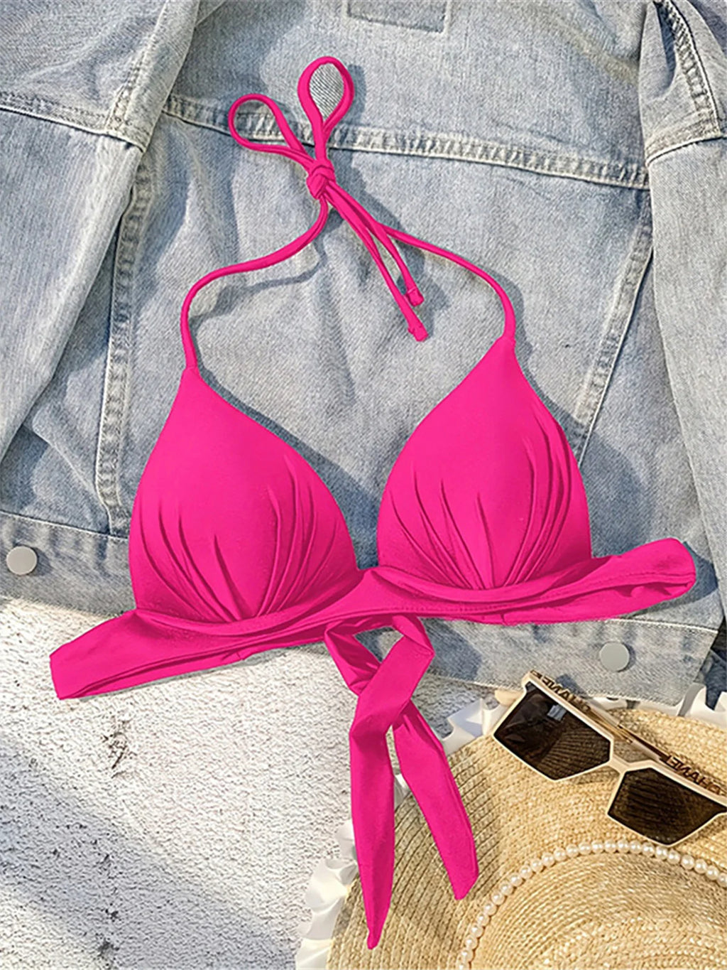 XS - XL New Sexy Push Up Bra Cup Halter Bikini Top Female Swimsuit Women Swimwear Bather Bathing Suit Swim Solid Beach Top V7019