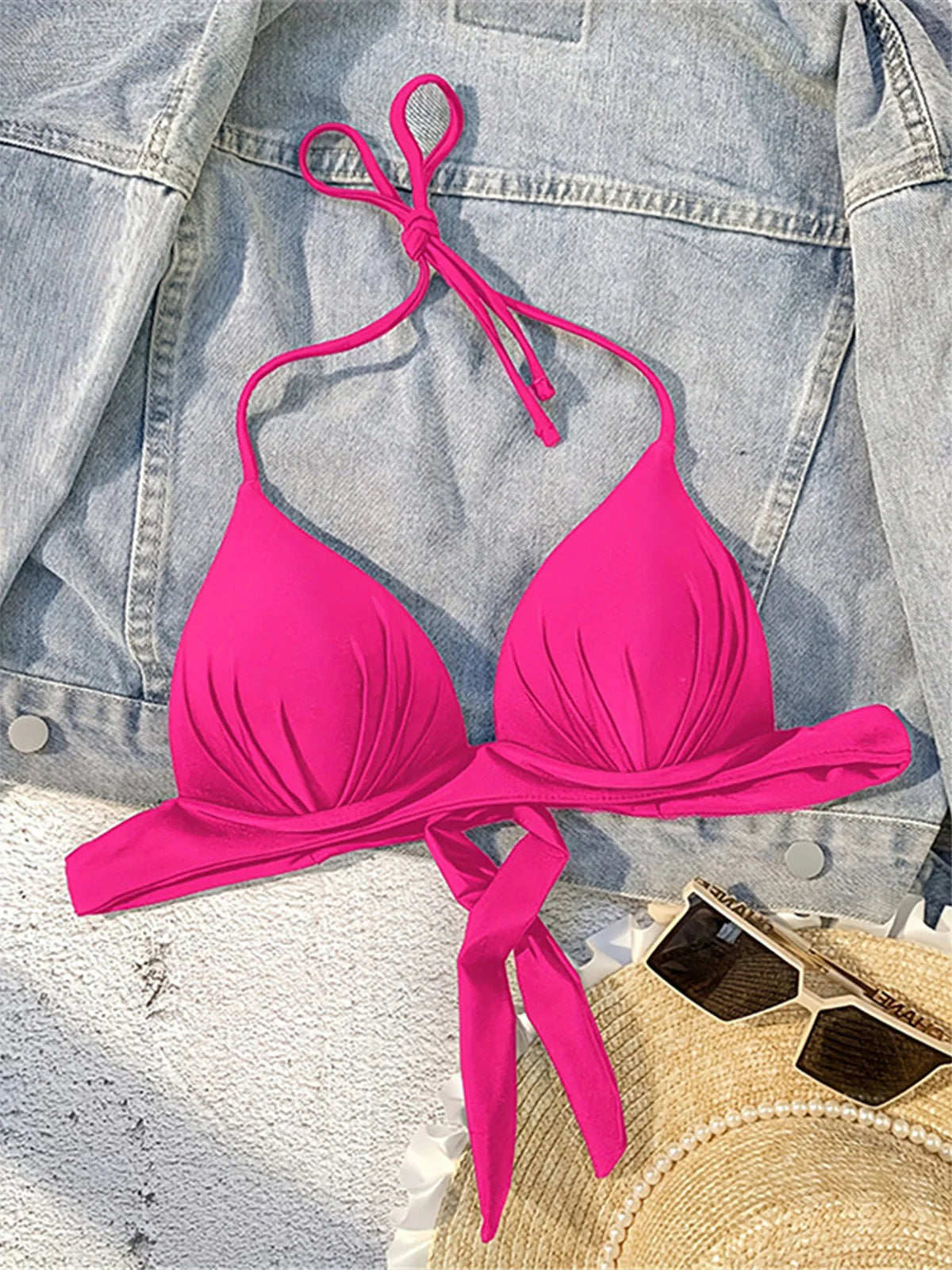 XS - XL New Sexy Push Up Bra Cup Halter Bikini Top Female Swimsuit Women Swimwear Bather Bathing Suit Swim Solid Beach Top V7019