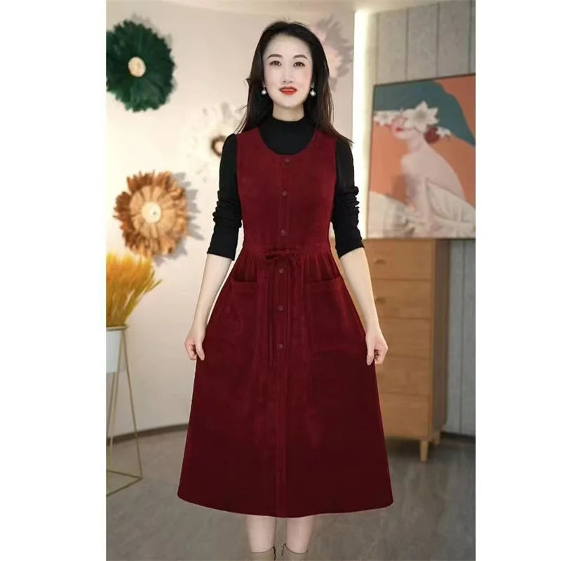 2024 Winter Fake Two piece Corduroy Dress Stylish Women's Dress Draw pleats Slim Waist Dress Women's Retro Knee Over Middle Long