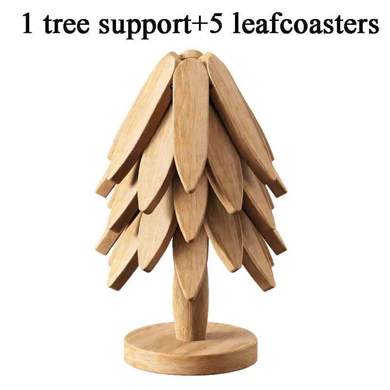 Tree Shape Wooden Trivet Set 4 Trivets + 1 Stand for Hot Dishes Natural Foldable Kitchen Trivet for Pot Bowl Teapot Hot Pot Hold