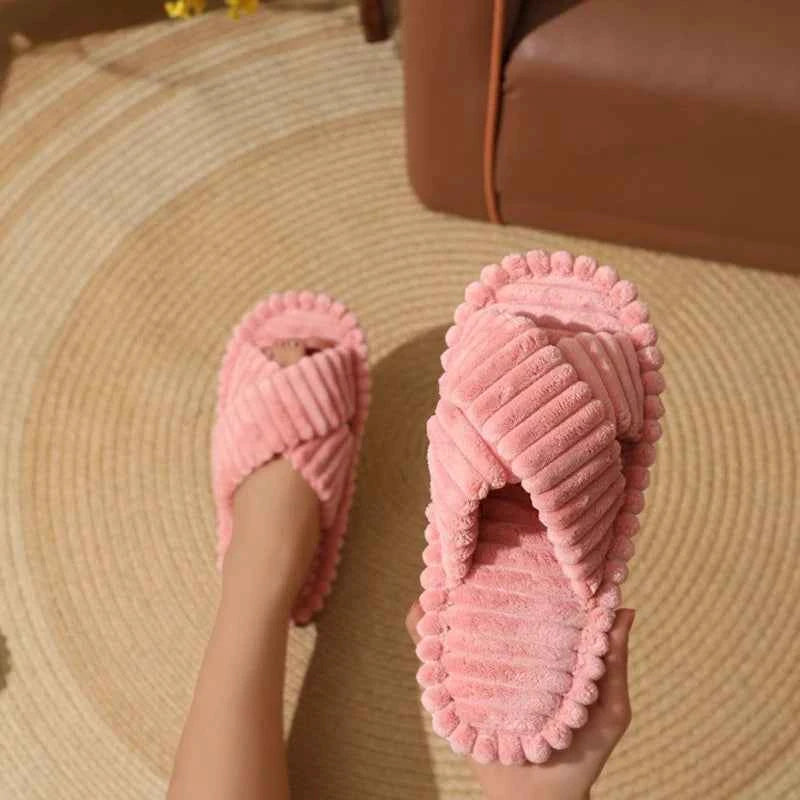 Fashion Corduroy Cross Band Home Slippers Women Spring Autumn Warm Plush Slides Woman Indoor Bedroom Soft Sole Cotton Slippers