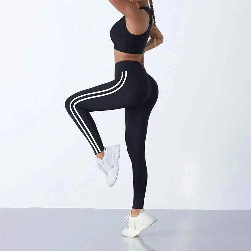 Womens High Waist Striped Yoga Leggings Butt Lifting Stretchy Breathable Tummy Control Soft Workout Pants for Gym Running