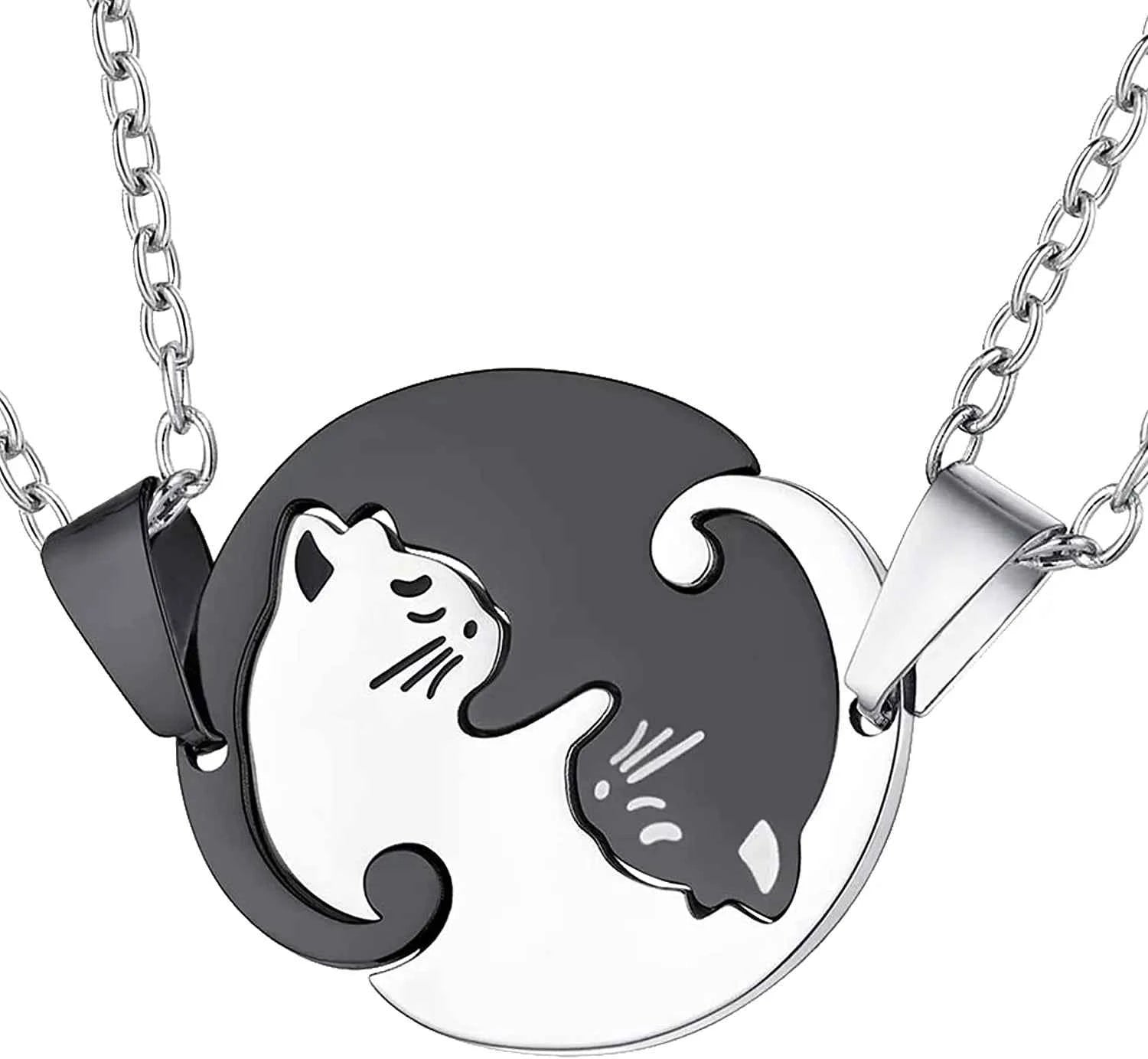 Two Cat Couple Necklaces Jewelry Stainless Steel Black White Kitten Animal Pendant Choker Necklace Lovers Friendship Gift