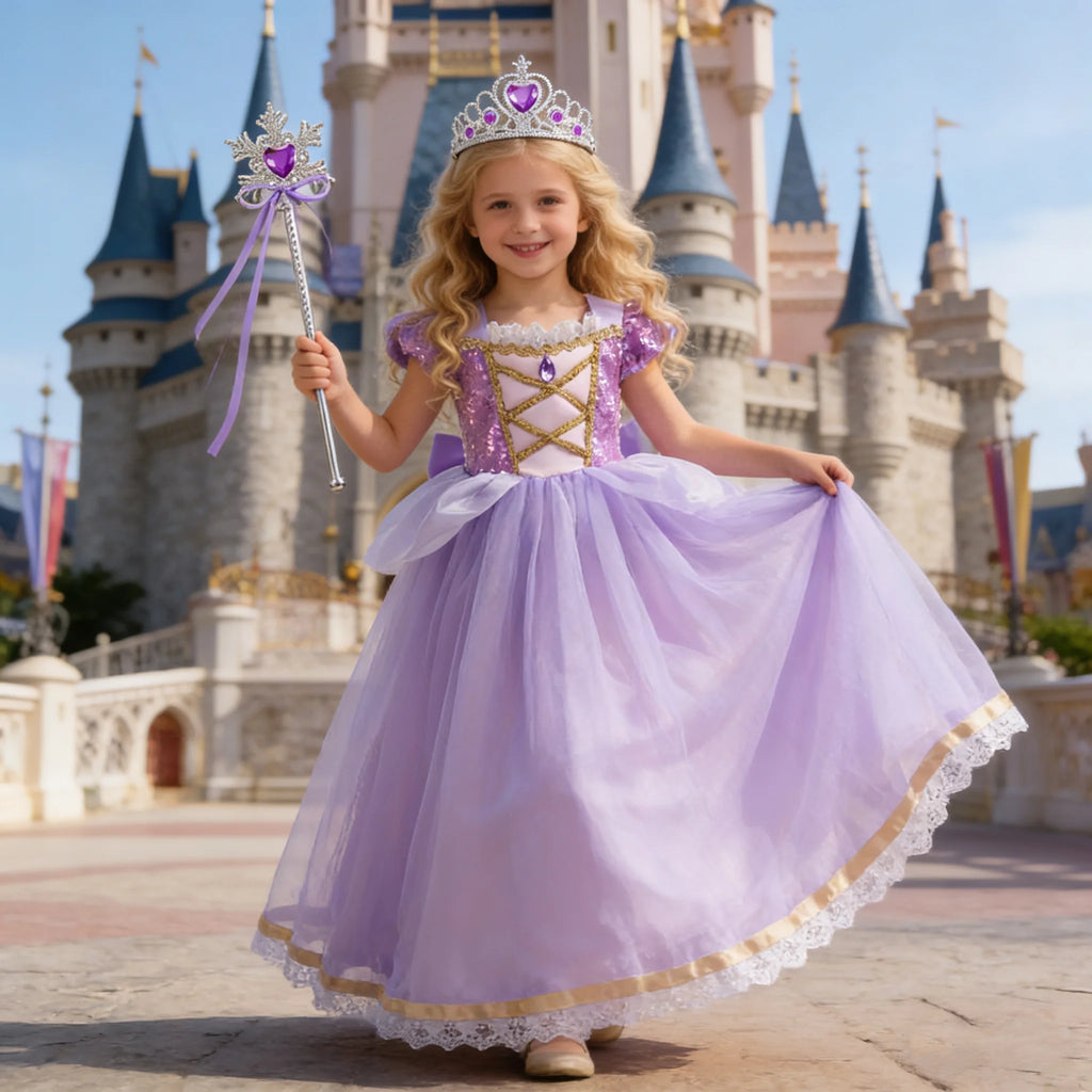 Baby Girls Deluxe Elegant Rapunzal Princess Dress Cosplay Costume Kids Halloween Birthday Party Vestido Purple Puffy Dresses