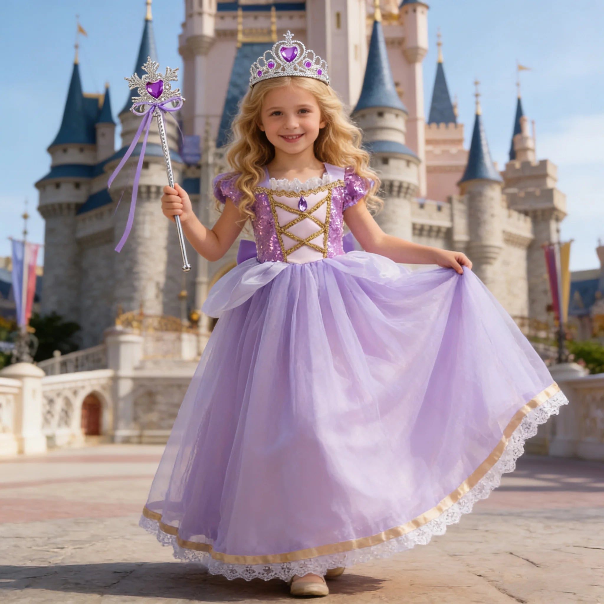 Baby Girls Deluxe Elegant Rapunzal Princess Dress Cosplay Costume Kids Halloween Birthday Party Vestido Purple Puffy Dresses