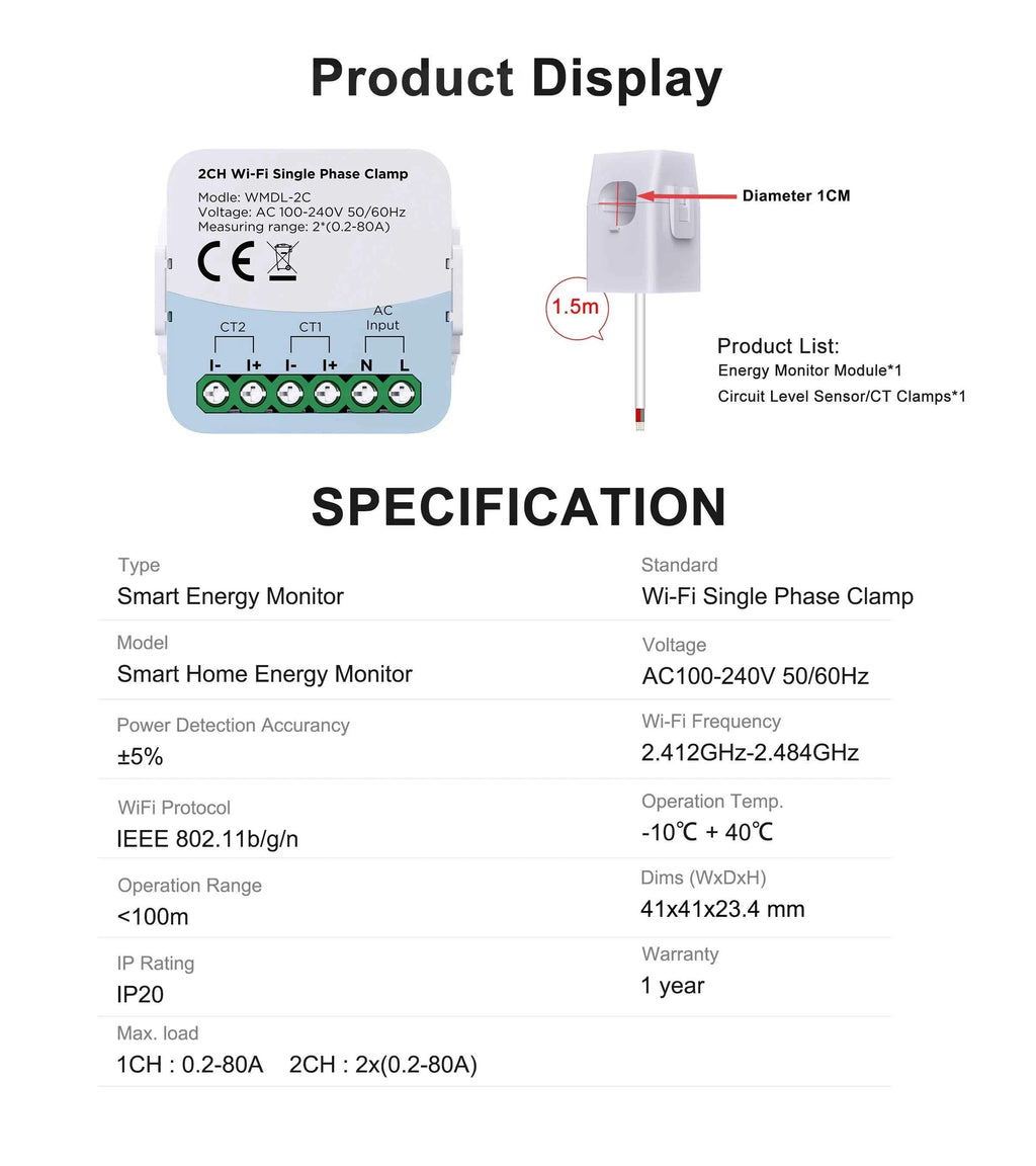 Tuya Smart Energy Meter WIFI Bidirection 2 Channel with Current Transformer Clamp App Monitor Power 80A 110V/240V