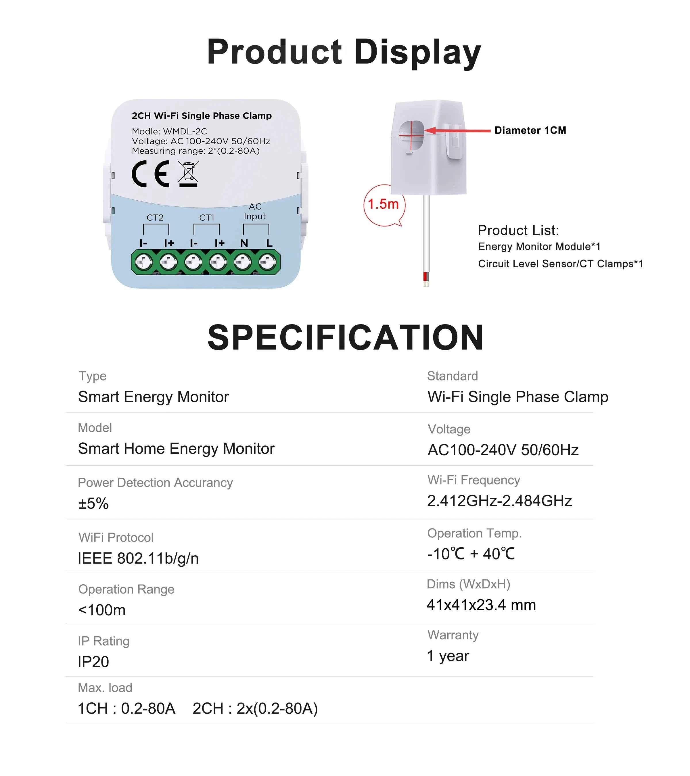 Tuya Smart Energy Meter WIFI Bidirection 2 Channel with Current Transformer Clamp App Monitor Power 80A 110V/240V