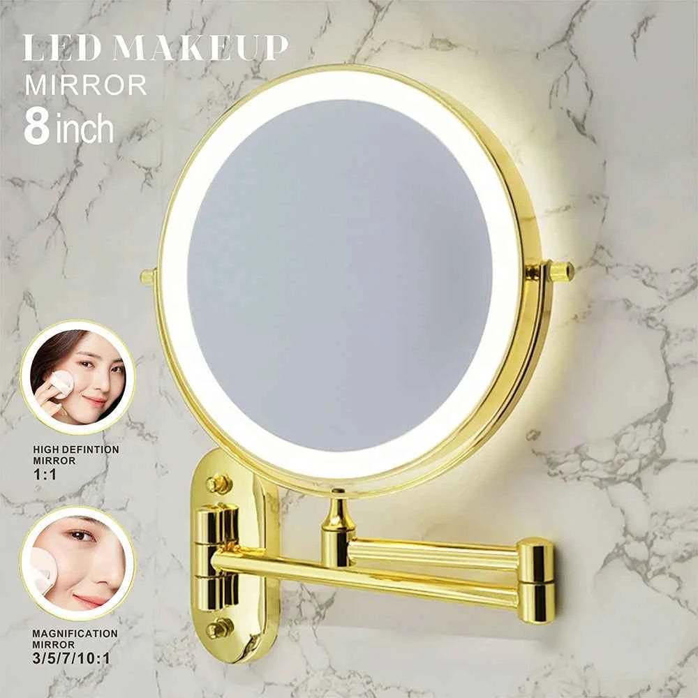 8 Inch Makeup Mirror Gold 3x/5x/7x/10x Magnifying Double Side USB Charging Bathroom 3 Color Light Cosmetic Mirrors