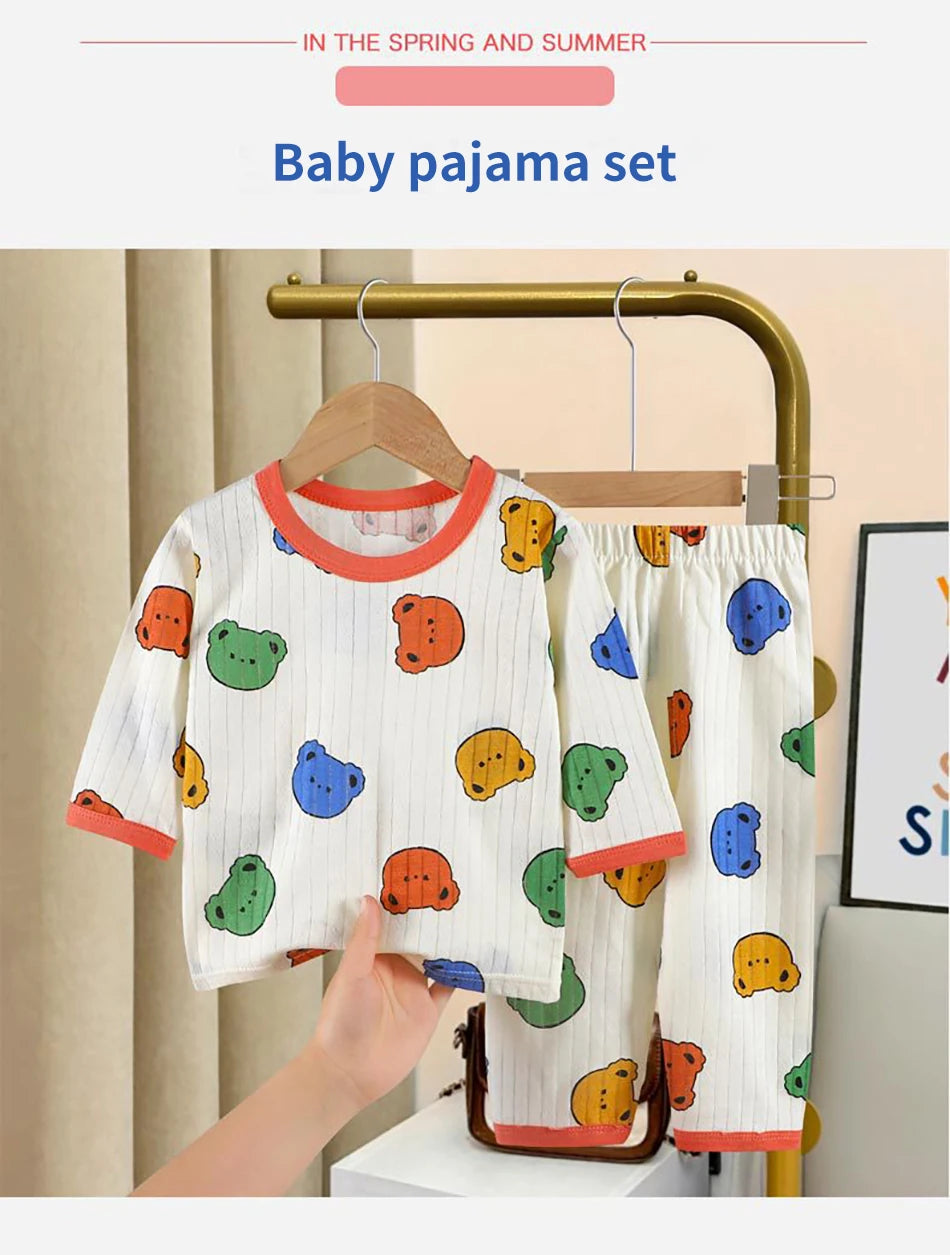 Summer Kids Cotton Pajama Sets Long Sleeve Pants Suitable Baby Gentle Nighttime Comfortable Sleepwear in Air Conditioned Rooms
