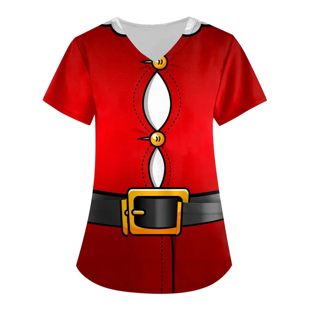 Womens Christmas Nurse T Shirt Print Short Sleeve V Neck Workwear With Pocket Working Nurse Work Wear Overalls Medical Uniforms