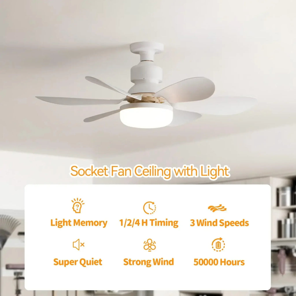 LED Socket Fan Light with Remote Small Ceiling Fan with Light, Cordless Light Socket Fan for Kitchen Bedroom Small Room
