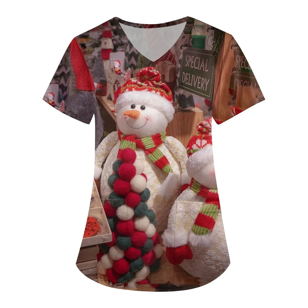 Womens Christmas Nurse T Shirt Print Short Sleeve V Neck Workwear With Pocket Working Nurse Work Wear Overalls Medical Uniforms