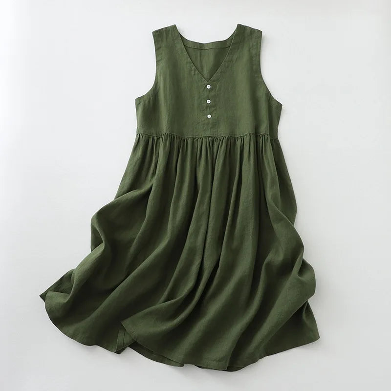 2026 New Women's Cotton Linen Sleeveless Dress Casual V Neck Button Down Loose Midi Dresses for Summer Women's Casual Dresses