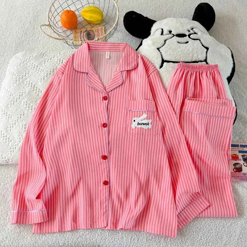 Embroidery Letter Pajamas Set Striped Rabbit Print Autumn Long Sleepwear Home Suit 2025 Lapel Neck New 2 Pcs Women's Pajamas