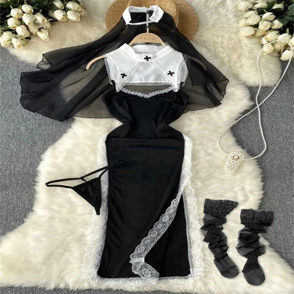 Summer Girls Sexy Hot Sweet Transparent Suspender Mini Dress Women Elastic Waist And Backless Strap Lolita Pajamas Bubble Skirt