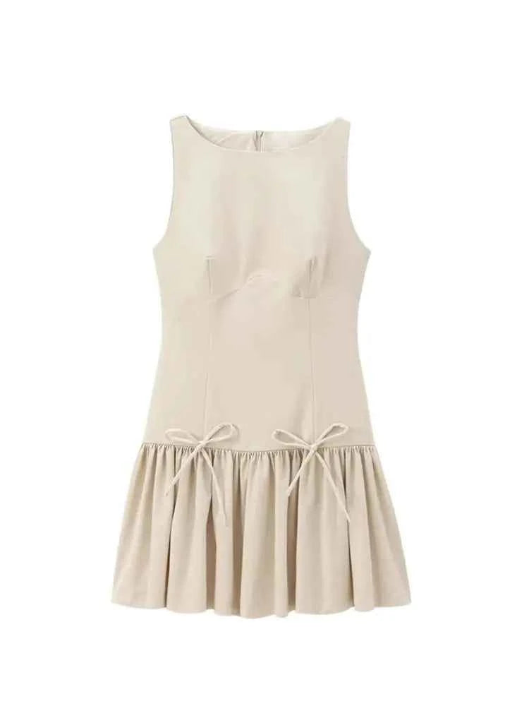 Women's Ruffled Mini Dress with Bows, O Neck, Sleeveless, Back Zipper, Female Dresses, Chic Fashion