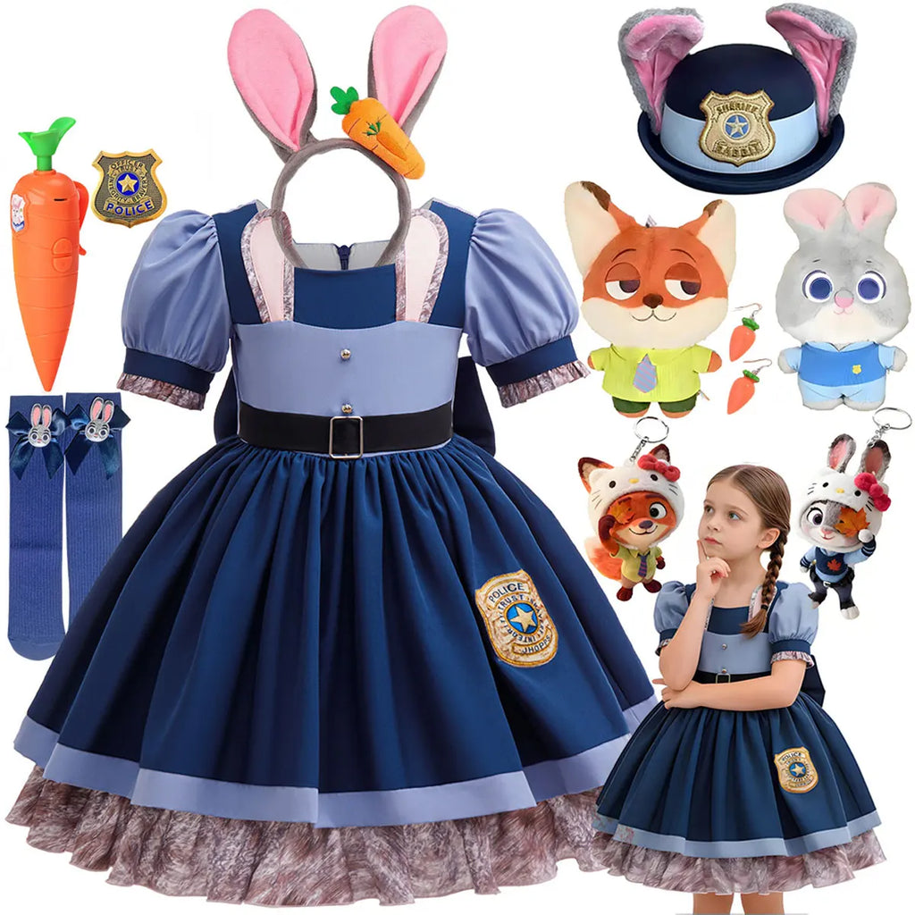 Disney Girls Cosplay Zootopia 2 Police Officer Judy Bunny Dress For Kids Holiday Party Cute Dress With Accessories Fancy Set