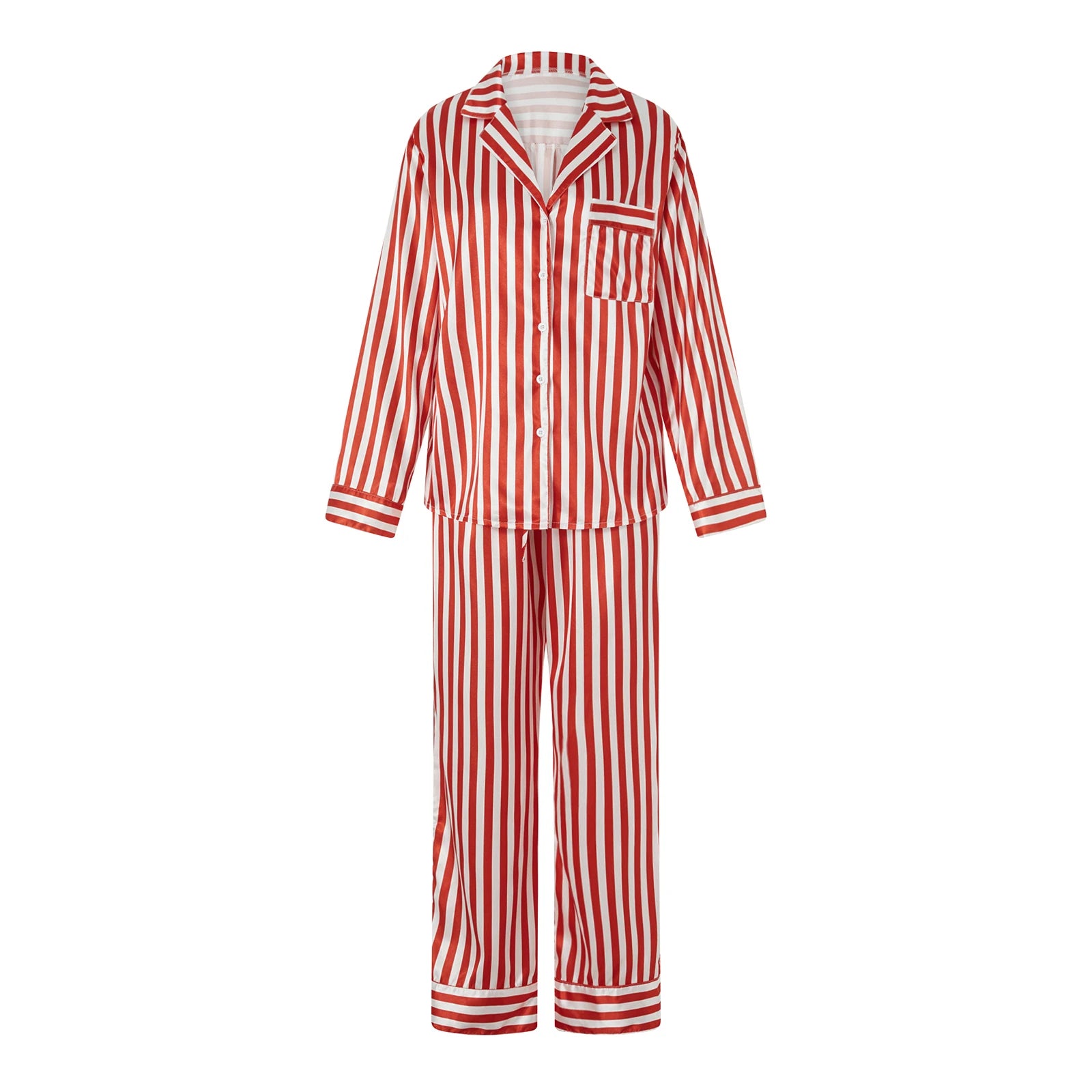 2024 Women Christmas Pajama Sets Striped Long Sleeve Satin Button Shirts with Wide Leg Long Pants Nightwear Sleepwear Loungewear