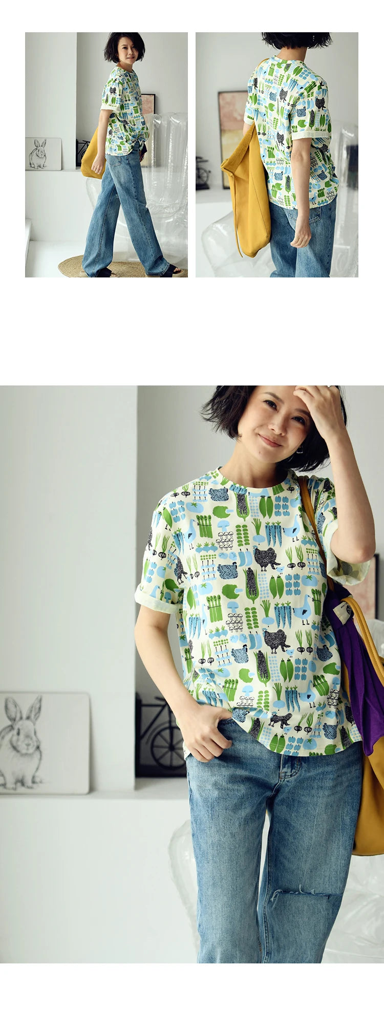 MICOCO T5310C Literary style fresh cartoon print loose crew neck short sleeve T-shirt women