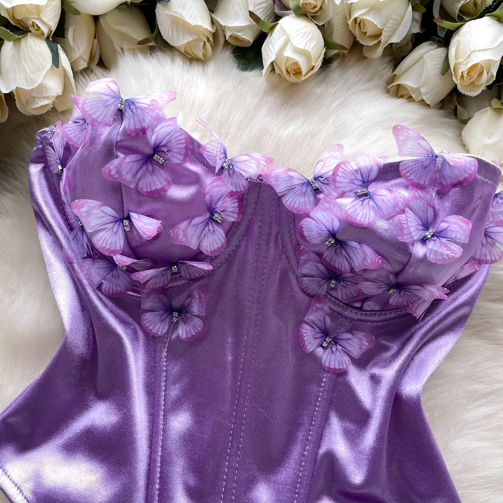 SINGREINY 3D Butterfly Satin Sexy Top European Sleeveless Fishbone Corset 2024 Female Senior Streetwear Hotsweet Strapless