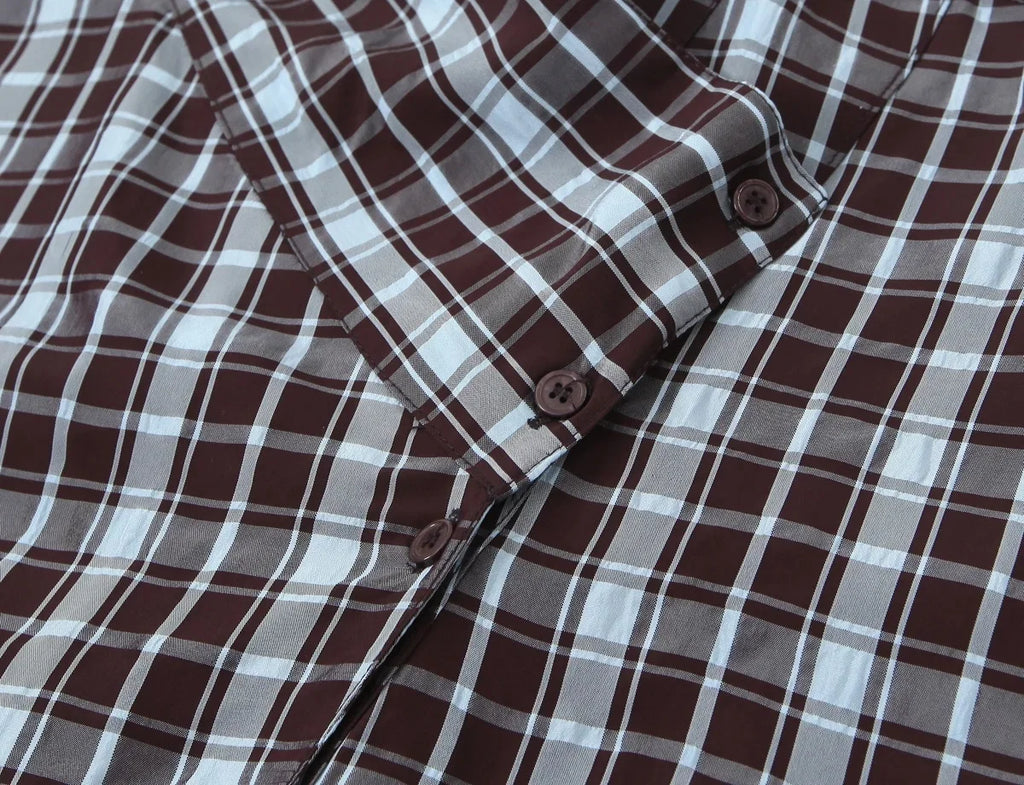 KONDALA Streetwear Casual Chic Women Blouse Plaid Stand Collar Single Breasted Blouse Fashion 2026 Spring Summer Holiday Blouse