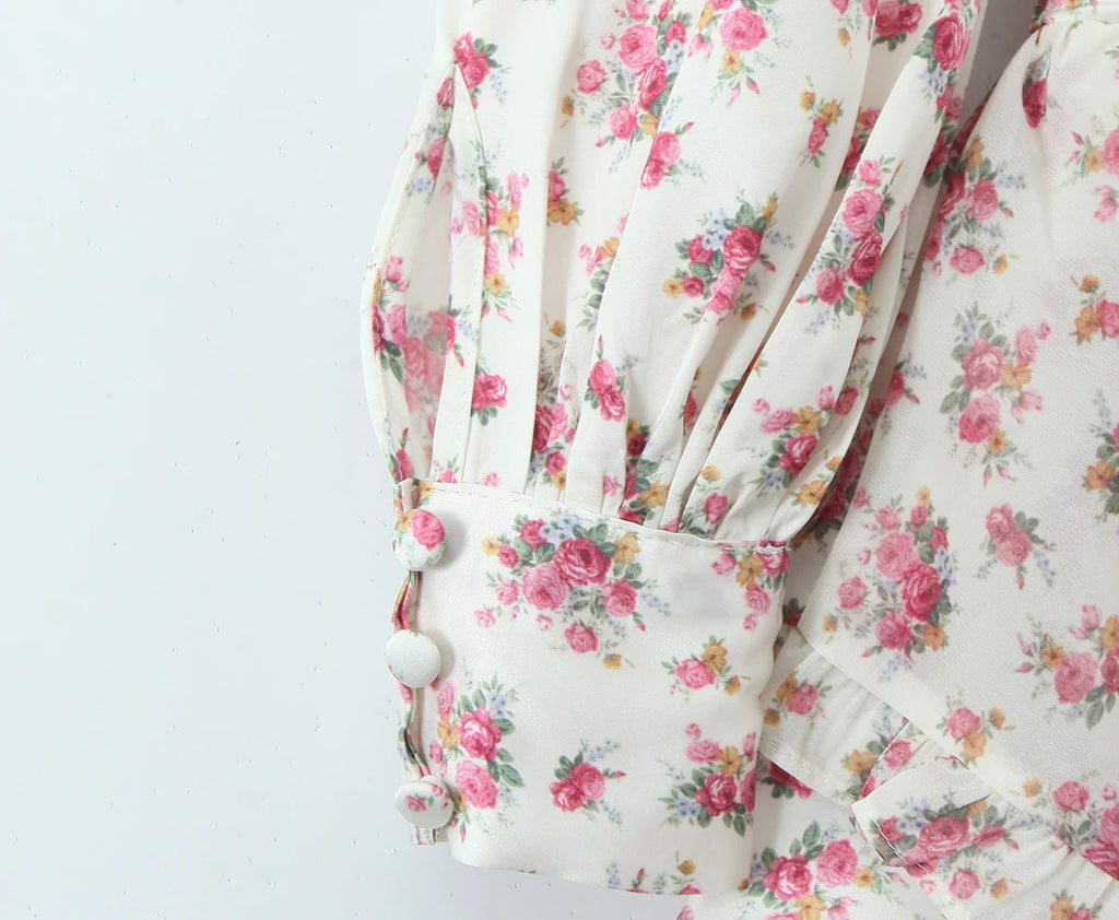 2025 Women White Pink Flower Print Puff Long Sleeve Dress Open Buttons Wood ears Ruffles Hem Mini Shirt Dresses Holiday Robe