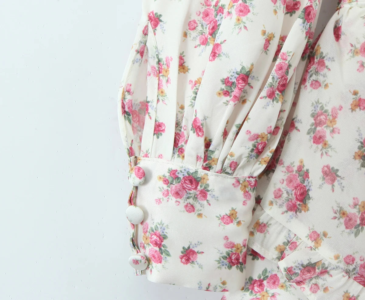 2025 Women White Pink Flower Print Puff Long Sleeve Dress Open Buttons Wood ears Ruffles Hem Mini Shirt Dresses Holiday Robe