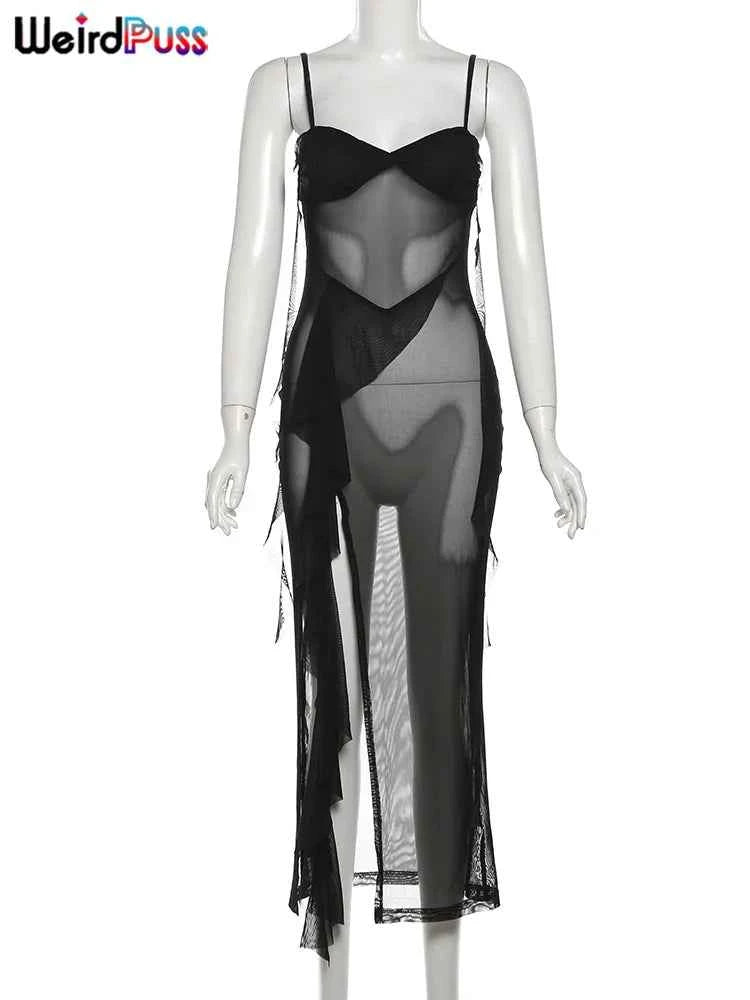 Weird Puss See Through Dress Woman Summer Sexy Spaghetti Straps Patchwork Irregular Tassel Splits Swimsuit Beach Skinny Vestidos