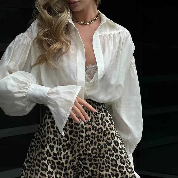 Bornladies Autumn Women's Fashionable Loose Collared Shirt Office Lady Solid Color Versatile Flare sleeve Top Long Sleeved Shirt