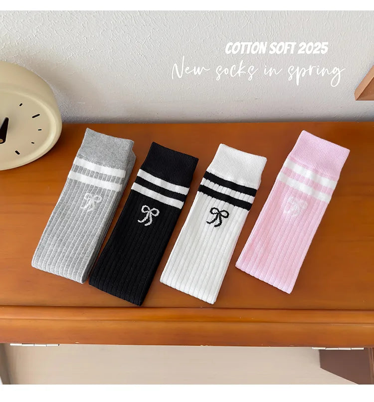 40CM Children's Long Socks Spring and Summer Girls' Bow Princess Skirt Paired with Knee High Sock Striped High Tube Cotton Socks