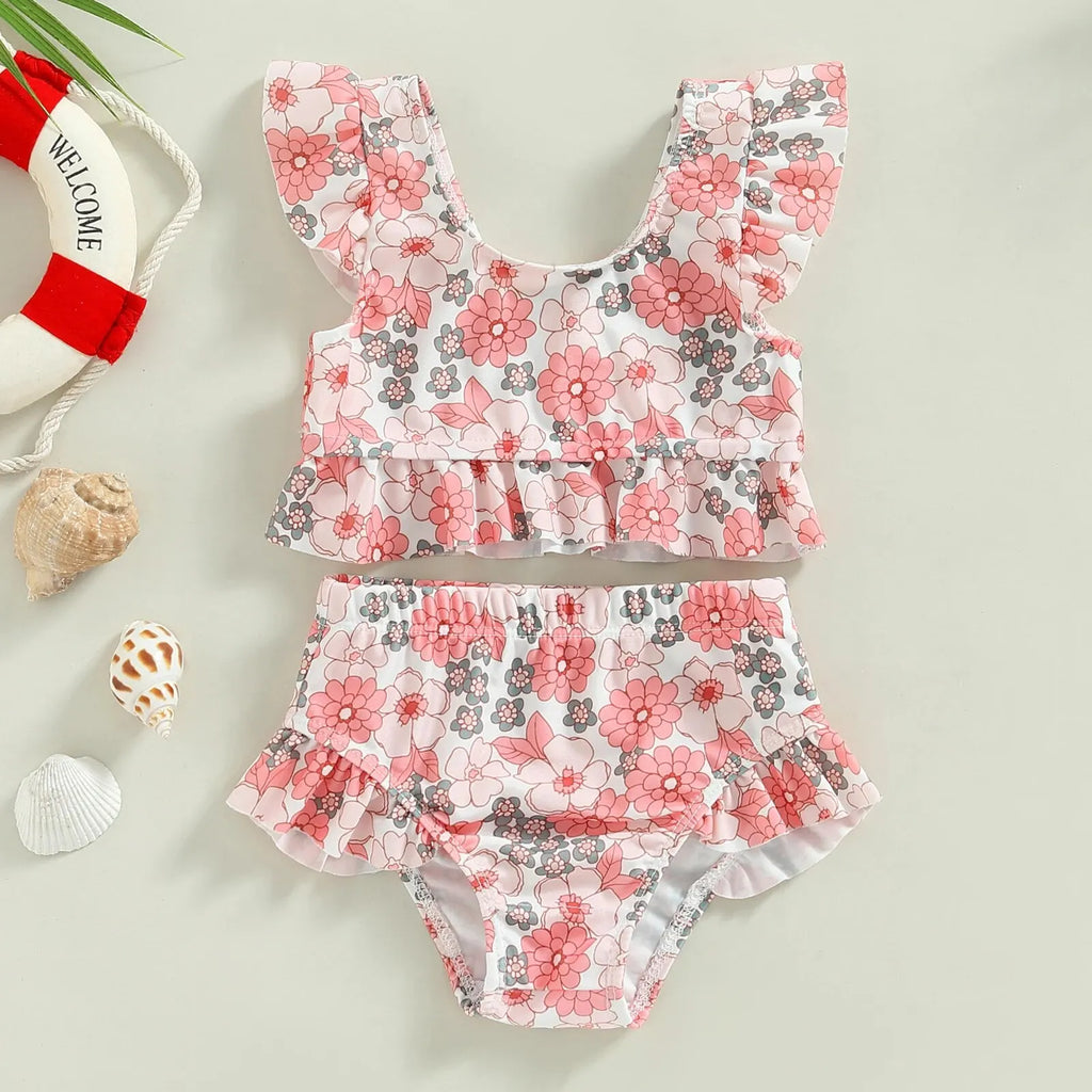 Toddler Baby Girls Floral Print Bikinis Set Summer Beachwear Halter Top Swimwear Swimming Pool Bathing Suit Swimsuit