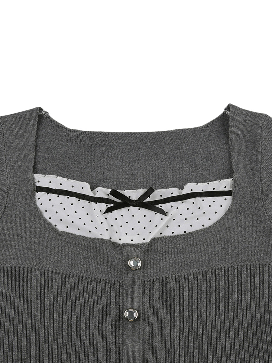 Preppy Kawaii Knitted Crop Tops Puff Sleeve Ruffles Hem Tees Fairy Vintage Y2K Milkmaid Tops Cottage Retro Women T-shirts Korean