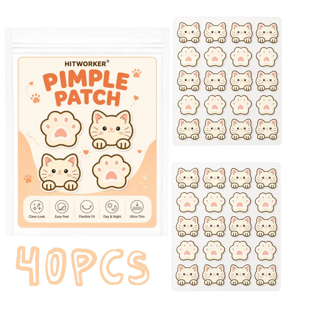 40pcsmao Color Cute Cat Pimple Patches – Clear, Flexible Acne Stickers