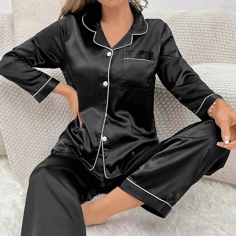 Women's Luxurious Satin Pajamas Pj Set Turn-down Collar Button Tops & Pants Sleepwear & Loungewear for Summer Home Clothes Suit