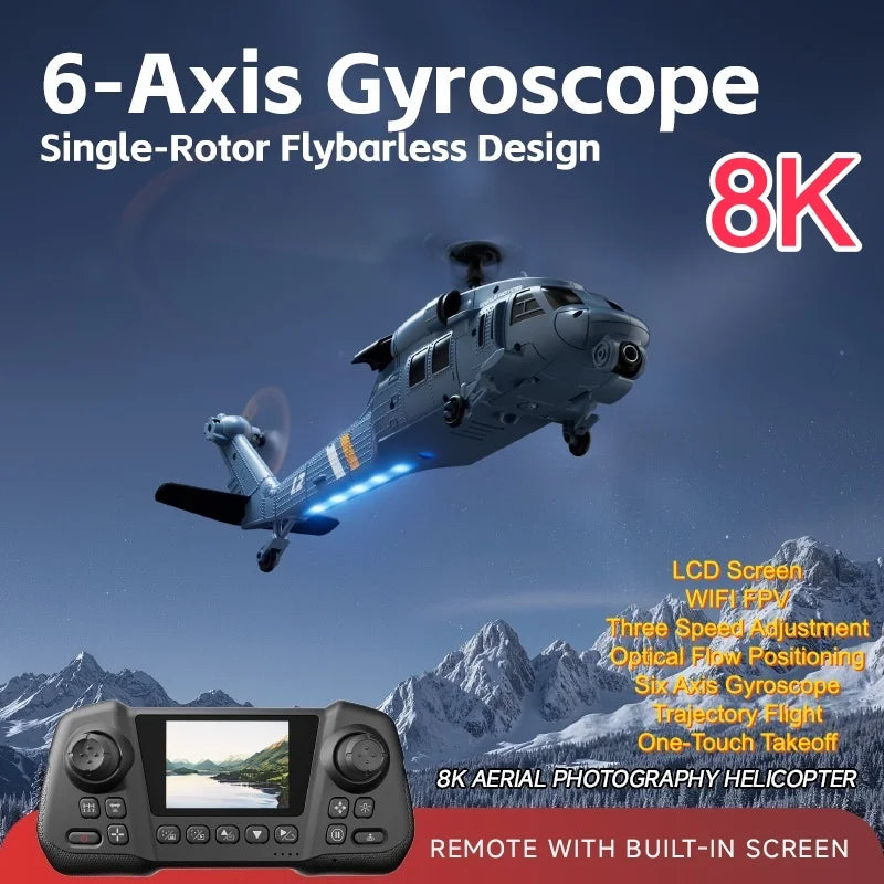 Military Remote Control Screen Helicopter 6 Axis Gyro Single Rotor 8K Aerial Optical Flow With Screen WIFI FPV RC Helicopter Toy